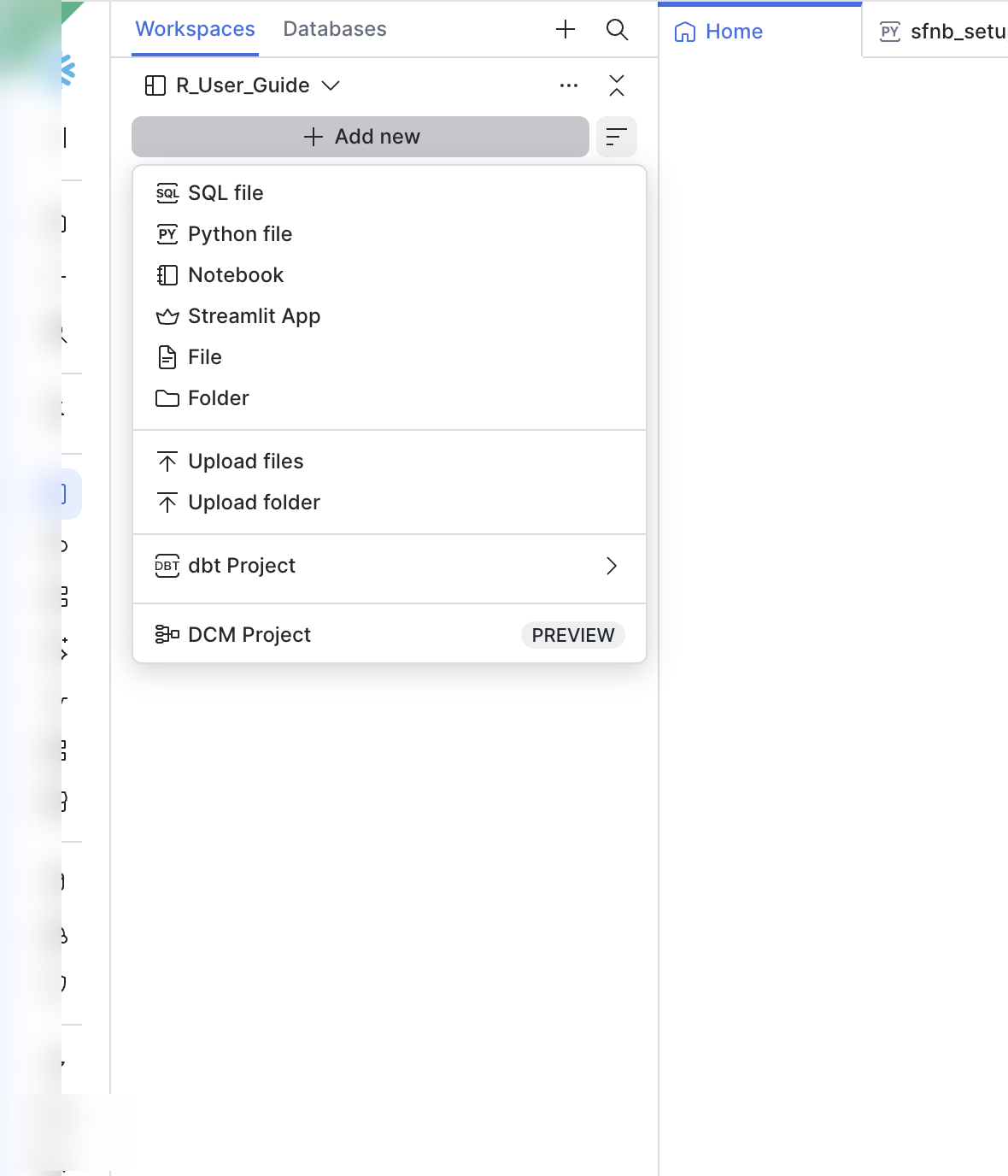 Snowsight Create dropdown in Workspaces with Notebook and SQL file options