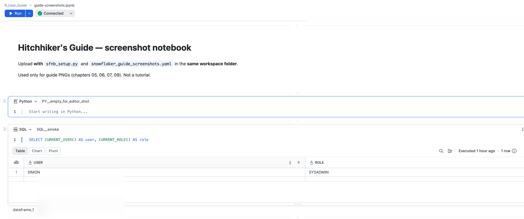 Workspace notebook editor with Run and Connected toolbar, empty Python cell, and SQL smoke query with results