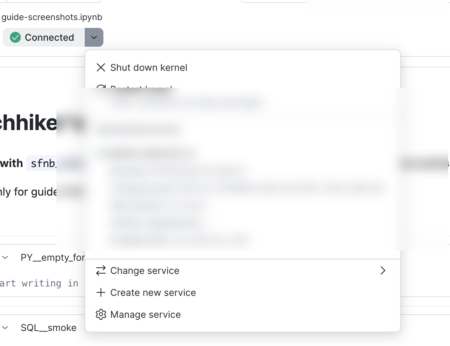 Snowsight notebook Connected menu showing Runtime, Compute pool, and Enabled EAIs on the notebook service